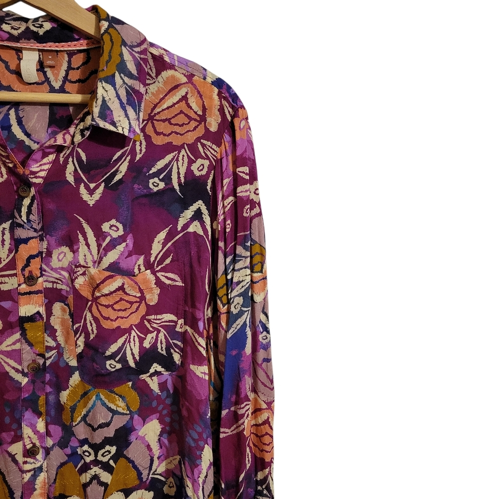 Pilcro Floral Button-Down Shirt in Purple, Pink, Orange - Picture 3 of 7